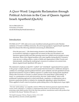 A Queer Word: Linguistic Reclamation Through Political Activism in the Case of Queers Against Israeli Apartheid (Quaia)