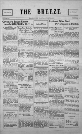 JANUARY 18, 1930 NUMBER 13 Governor's Budget Recom- Stratfords Offer Good Memds $170,000 for H.T.C