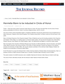 Henrietta Mann to Be Inducted in Circle of Honor – the Journal Record