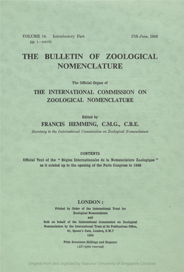 The Bulletin of Zoological Nomenclature. Vol 14, Intro