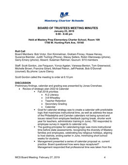 BOARD of TRUSTEES MEETING MINUTES January 23, 2019 6:00 - 8:40 Pm