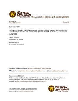 The Legacy of Mccarthyism on Social Group Work: an Historical Analysis