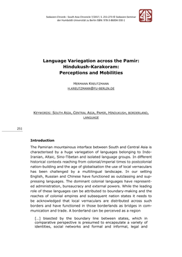 Language Variegation Across the Pamir: Hindukush-Karakoram: Perceptions and Mobilities