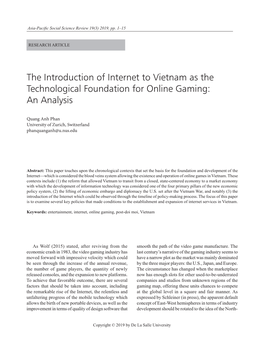 The Introduction of Internet to Vietnam As the Technological Foundation for Online Gaming: an Analysis