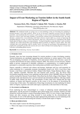 Impact of Event Marketing on Tourists Inflow in the South-South Region of Nigeria