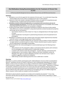 Oral Methadone Dosing Recommendations for the Treatment of Chronic Pain July 2016