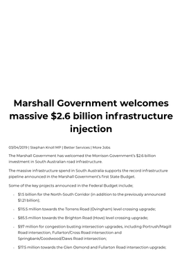 Marshall Government Welcomes Massive $2.6 Billion Infrastructure Injection