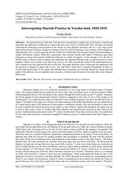 Interrogating Shariah Practice in Yoruba Land, 1820-1918