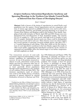 Acropora (Anthozoa: Scleractinia) Reproductive Synchrony And