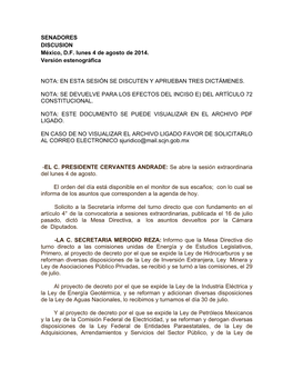 SENADORES DISCUSION México, D.F. Lunes 4 De Agosto De 2014