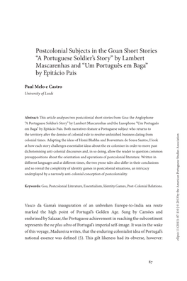 Postcolonial Subjects in the Goan Short Stories “A Portuguese Soldier’S Story” by Lambert Mascarenhas and “Um Português Em Baga” by Epitácio Pais