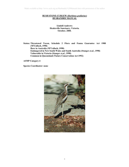 BUSH STONE-CURLEW (Burhinus Grallarius) HUSBANDRY MANUAL