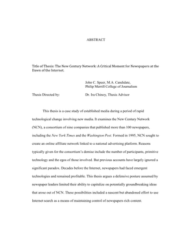 ABSTRACT Title of Thesis: the New Century Network: A