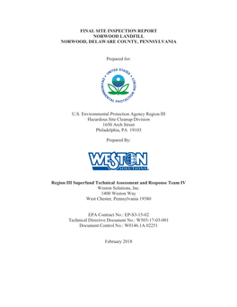 Final Site Inspection Report Norwood Landfill Norwood, Delaware County, Pennsylvania