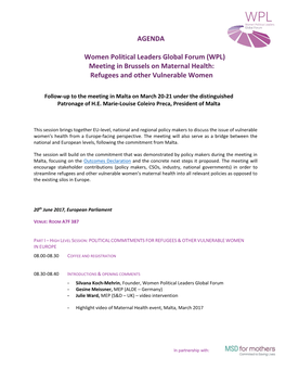 AGENDA Women Political Leaders Global Forum (WPL) Meeting in Brussels on Maternal Health: Refugees and Other Vulnerable Women