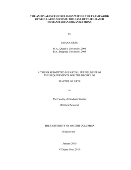 THE AMBIVALENCE of RELIGION WITHIN the FRAMEWORK of SECULAR HUMANISM: the CASE of FAITH-BASED HUMANITARIAN ORGANIZATIONS by DI