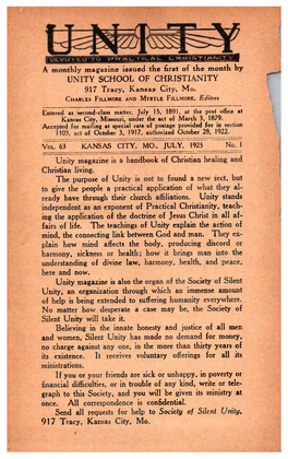 Jggggghgj Thly Magazine Issued Tke First of the Month Hy UNITY SCHOOL of CHRISTIANITY 917 Tracy, Kansas City, Mo