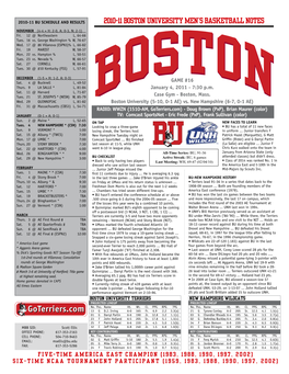 2010-11 BOSTON UNIVERSITY MEN's Basketball NOTES