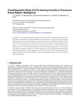 Crystallographic Study of U-Th Bearing Minerals in Tranomaro, Anosy Region- Madagascar F