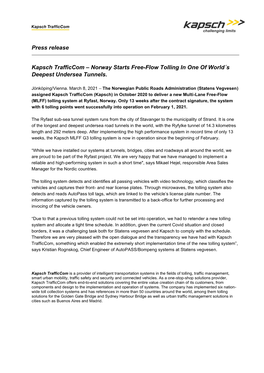 Press Release Kapsch Trafficcom – Norway Starts Free-Flow Tolling In