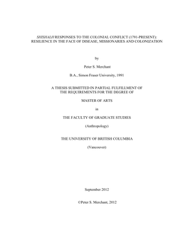 Shishalh Responses to the Colonial Conflict (1791-Present): Resilience in the Face of Disease, Missionaries and Colonization