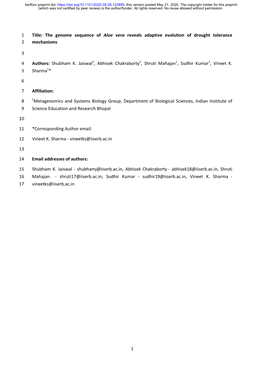 The Genome Sequence of Aloe Vera Reveals Adaptive Evolution of Drought Tolerance 2 Mechanisms