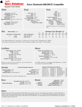 Power Macintosh 4400/200 PC Compatible System Fact Sheet SYSTEM POWER PORTS ADB: 1 Introduced: April 1997 Max