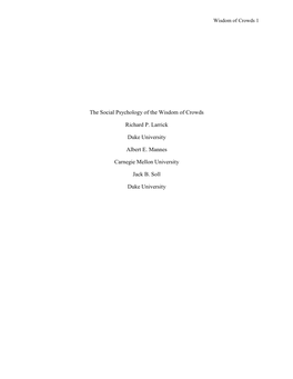 The Social Psychology of the Wisdom of Crowds Richard P. Larrick Duke