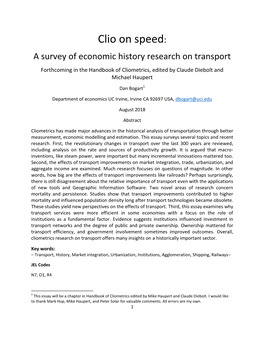 Clio on Speed: a Survey of Economic History Research on Transport Forthcoming in the Handbook of Cliometrics, Edited by Claude Diebolt and Michael Haupert