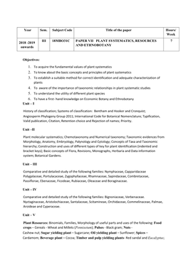 Year Sem. Subject Code Title of the Paper Hours/ Week 2018 -2019 Onwards III 18MBO31C PAPER VII PLANT SYSTEMATICS, RESOURCES A