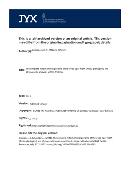 The Complete Mitochondrial Genome of the Wood Tiger Moth (Arctia Plantaginis) and Phylogenetic Analyses Within Arctiinae