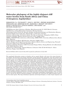 Molecular Phylogeny of the Highly Disjunct Cliff Water Beetles from South Africa and China (Coleoptera: Aspidytidae)