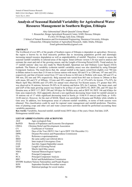 Analysis of Seasonal Rainfall Variability for Agricultural Water Resource Management in Southern Region, Ethiopia