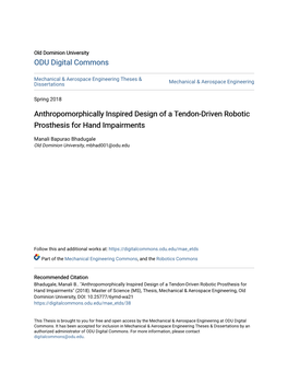 Anthropomorphically Inspired Design of a Tendon-Driven Robotic Prosthesis for Hand Impairments