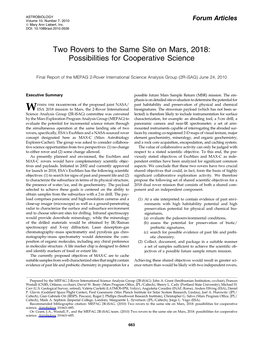 Two Rovers to the Same Site on Mars, 2018: Possibilities for Cooperative Science