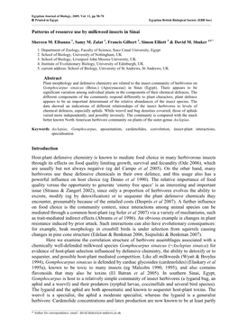 Patterns of Resource Use by Milkweed Insects in Sinai Abstract