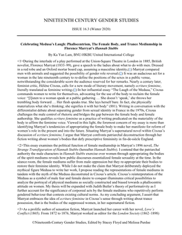 Nineteenth-Century Gender Studies, Edited by Stacey Floyd and Melissa Purdue and Turned to Playwriting and Acting Following Her Editorship