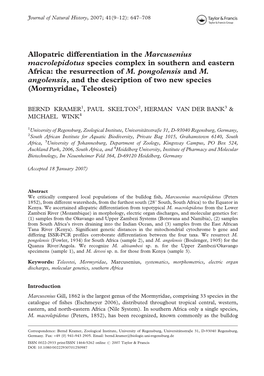 Allopatric Differentiation in the Marcusenius Macrolepidotus Species Complex in Southern and Eastern Africa: the Resurrection of M