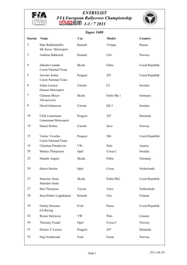 ENTRYLIST 1-3 / 7 2011 FIA European Rallycross Championship