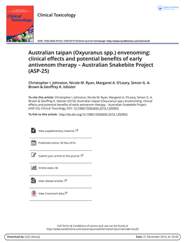 Australian Taipan (Oxyuranus Spp.) Envenoming: Clinical Effects and Potential Benefits of Early Antivenom Therapy – Australian Snakebite Project (ASP-25)