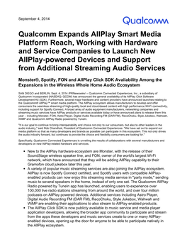 Qualcomm Expands Allplay Smart Media Platform Reach, Working