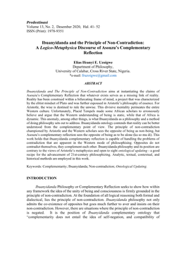 Ibuanyidanda and the Principle of Non-Contradiction: a Logico-Metaphysica Discourse of Asouzu's Complementary Reflection