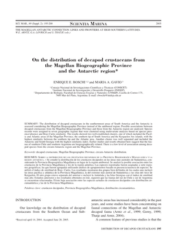 On the Distribution of Decapod Crustaceans from the Magellan Biogeographic Province and the Antarctic Region*