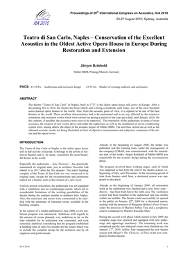 Teatro Di San Carlo, Naples – Conservation of the Excellent Acoustics in the Oldest Active Opera House in Europe During Restoration and Extension