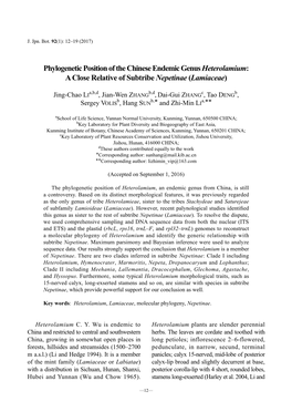 Phylogenetic Position of the Chinese Endemic Genus Heterolamium: a Close Relative of Subtribe Nepetinae (Lamiaceae)