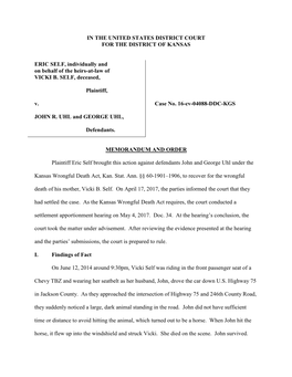 IN the UNITED STATES DISTRICT COURT for the DISTRICT of KANSAS ERIC SELF, Individually and on Behalf of the Heirs-At-Law of VICK