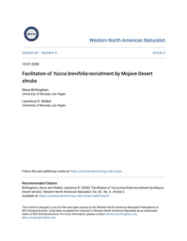 Facilitation of Yucca Brevifolia Recruitment by Mojave Desert Shrubs