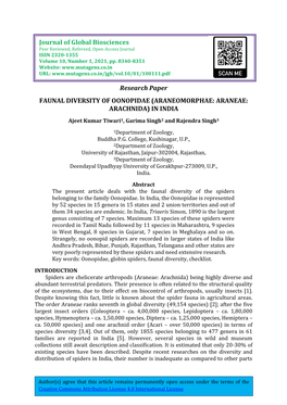 Research Paper FAUNAL DIVERSITY of OONOPIDAE (ARANEOMORPHAE: ARANEAE: ARACHNIDA) in INDIA