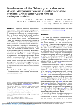 Development of the Chinese Giant Salamander Andrias Davidianus Farming Industry in Shaanxi Province, China: Conservation Threats and Opportunities