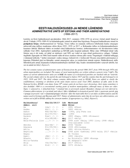 Haldusüksused Ja Nende Lühendid Administrative Units of Estonia and Their Abbreviations (1866–2017)